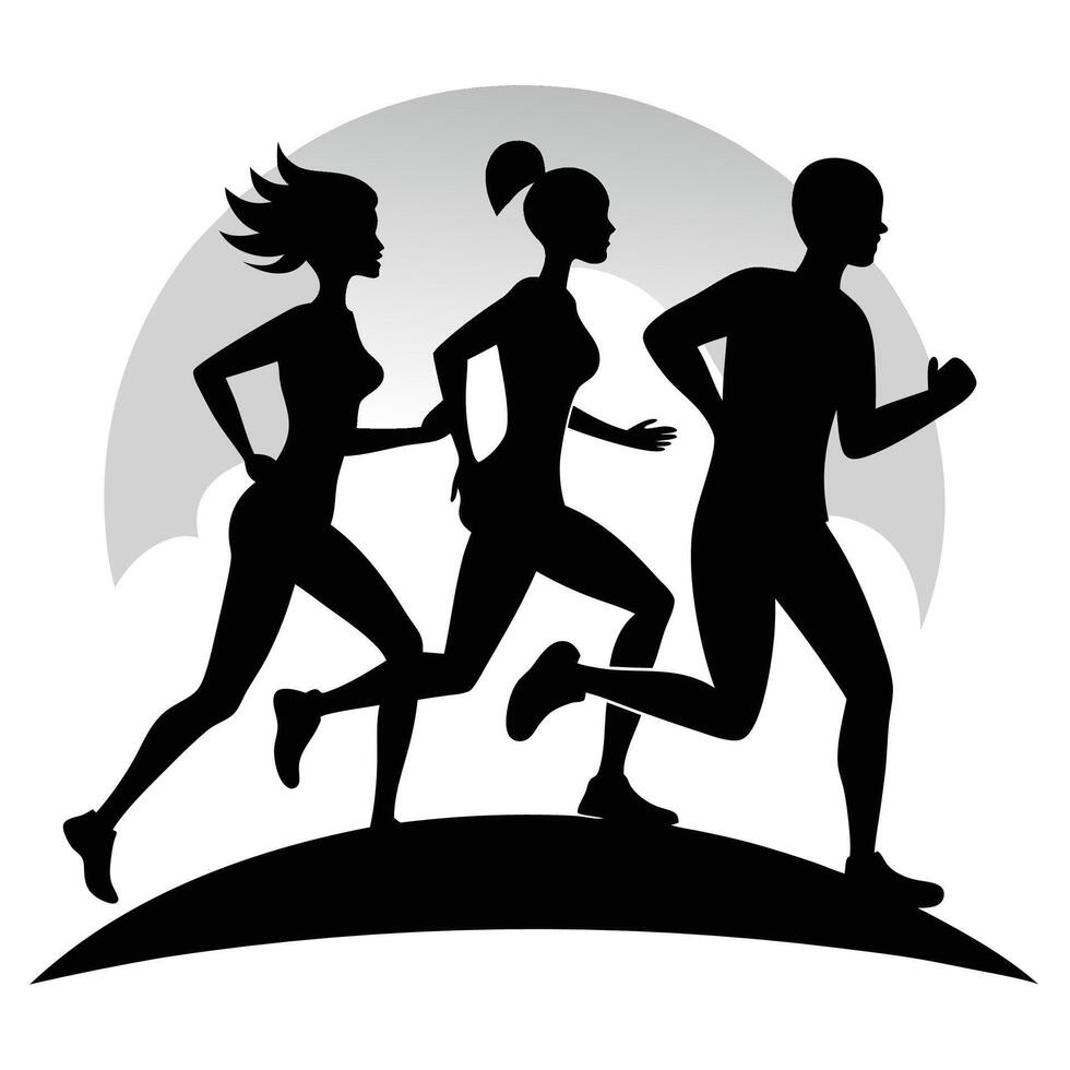 three people running in silhouette on a hill on a white background vector