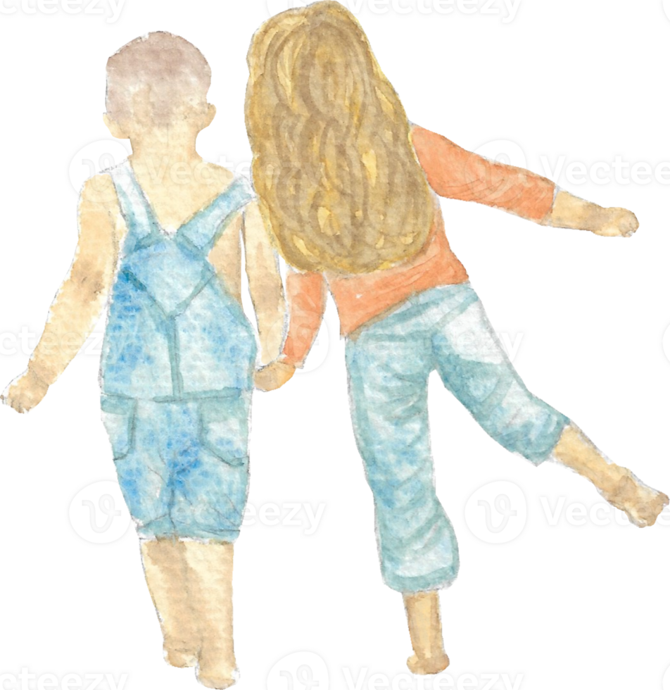 A couple kid holding hand in love and relax feeling that is drawn and painted by hand in watercolor fine art style png