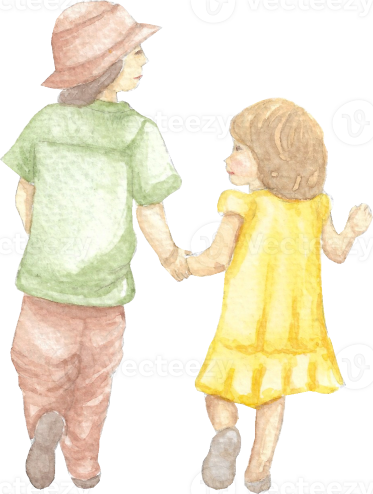 A couple kid holding hand in love of a hat boy and little girl that is drawn and painted by hand in watercolor fine art style png