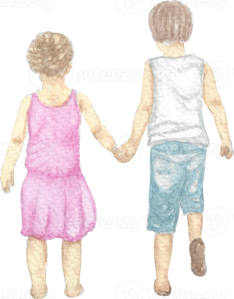 A couple kid holding hand in love walking to happiness that is drawn and painted by hand in watercolor fine art style png