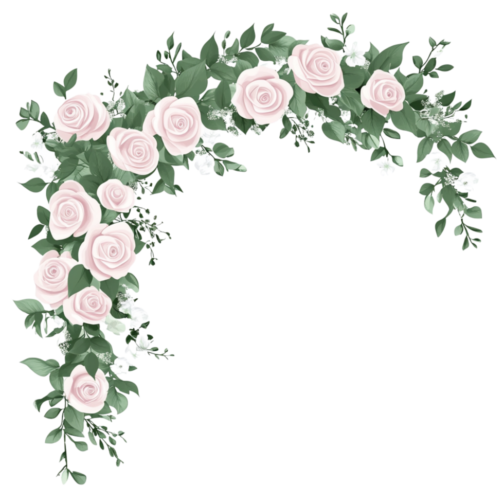 A floral arch with pink roses and green leaves png