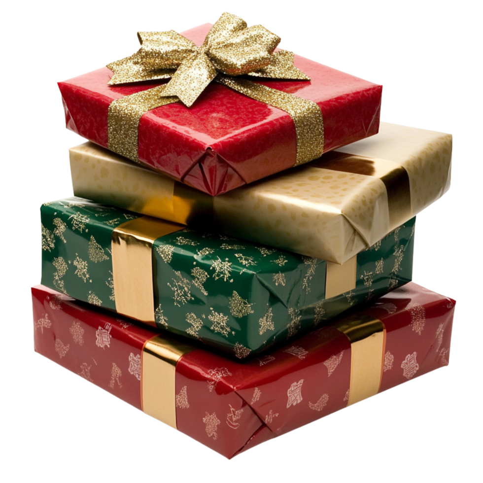 A stack of wrapped presents with a bow on top png