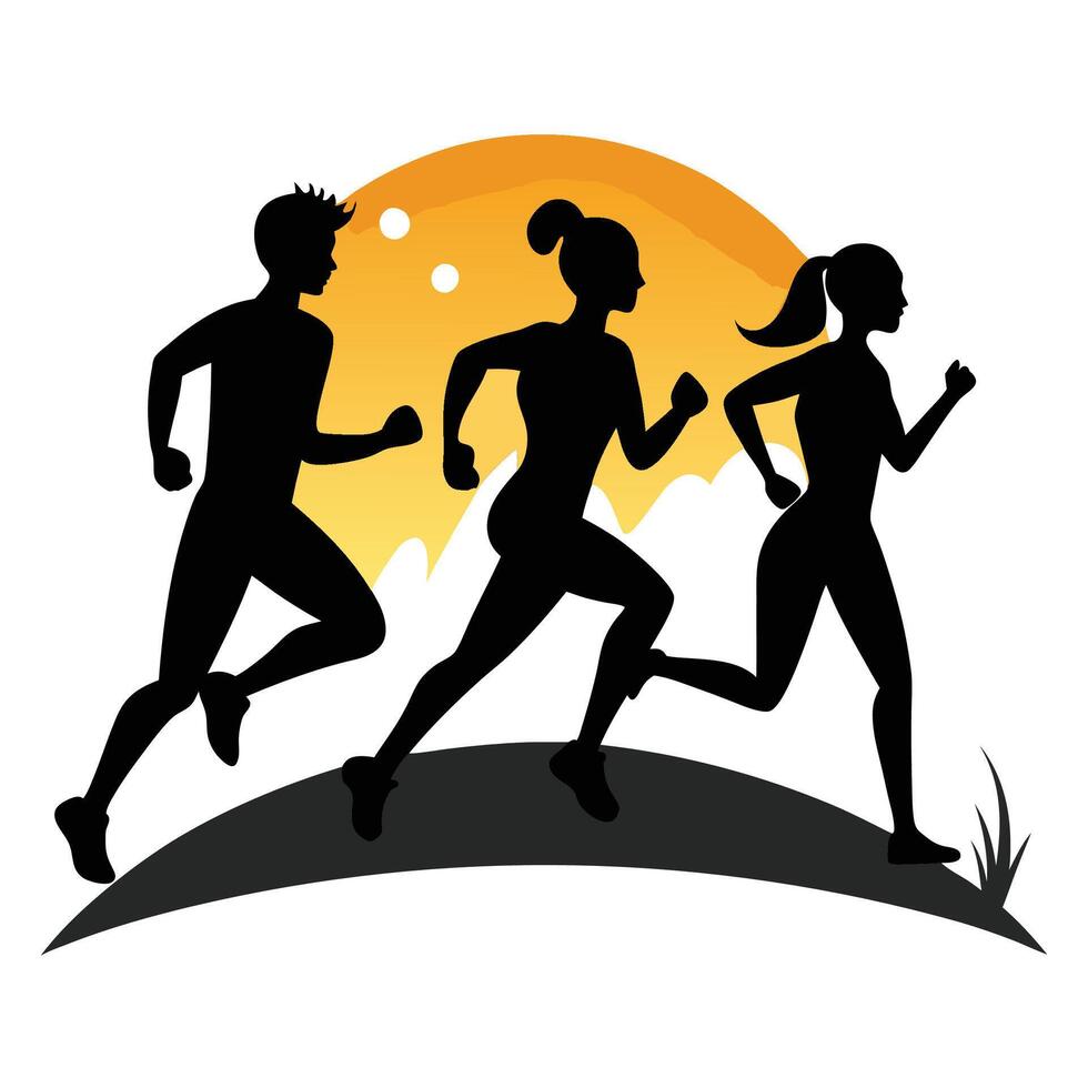 a silhouette of three people running in the sunset on a white background vector