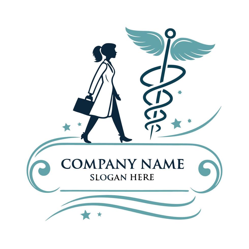 a woman with a medical bag and a caduceus symbol on a white background vector