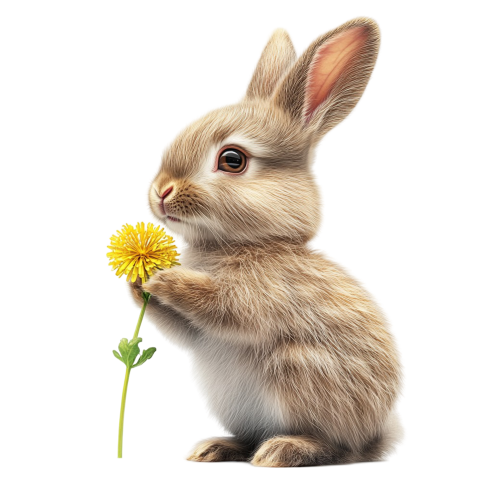 Fluffy Bunny Holding Dandelions on Transparent Background png