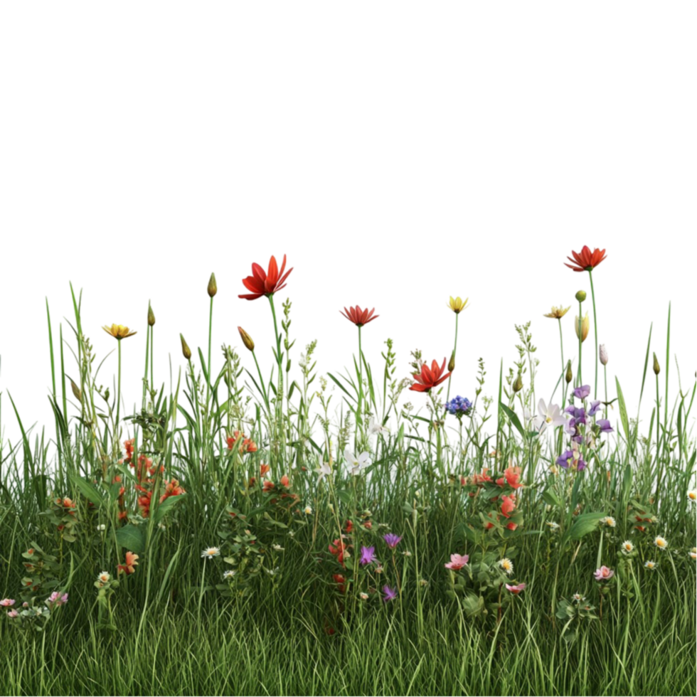 Beautiful Grassy Field with Flowers and Grass On Transparent Background png