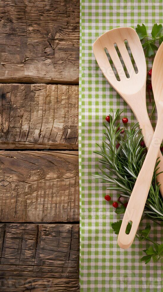 Rustic table with herbs, utensils cozy culinary preparation vibe Vertical Mobile Wallpaper photo