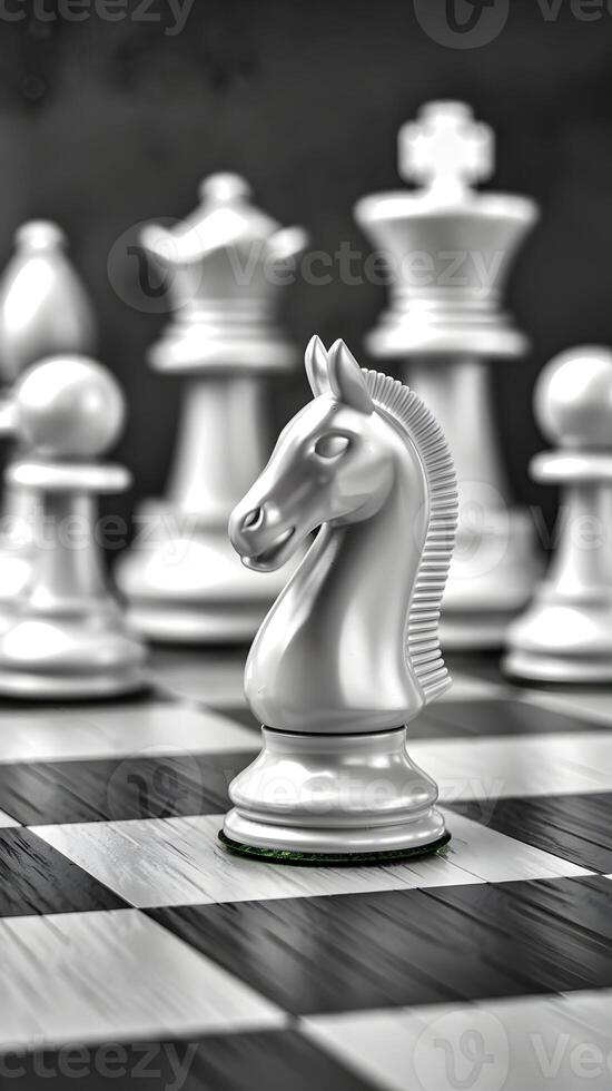 White knight on chessboard foreground, symbolizing strategy with blurred pieces behind Vertical Mobile Wallpaper photo