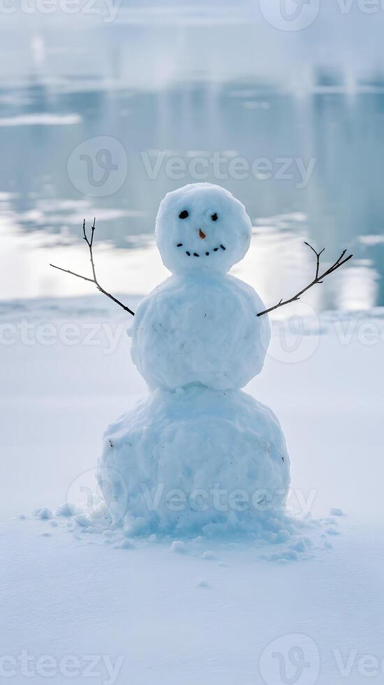 Snowman in winter scene serene snow reflects soft sky tones Vertical Mobile Wallpaper photo