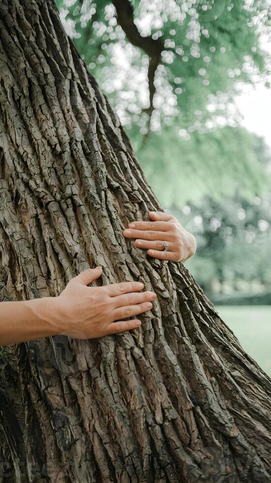 Hands hug tree bark peaceful connection to nature and tranquility Vertical Mobile Wallpaper photo