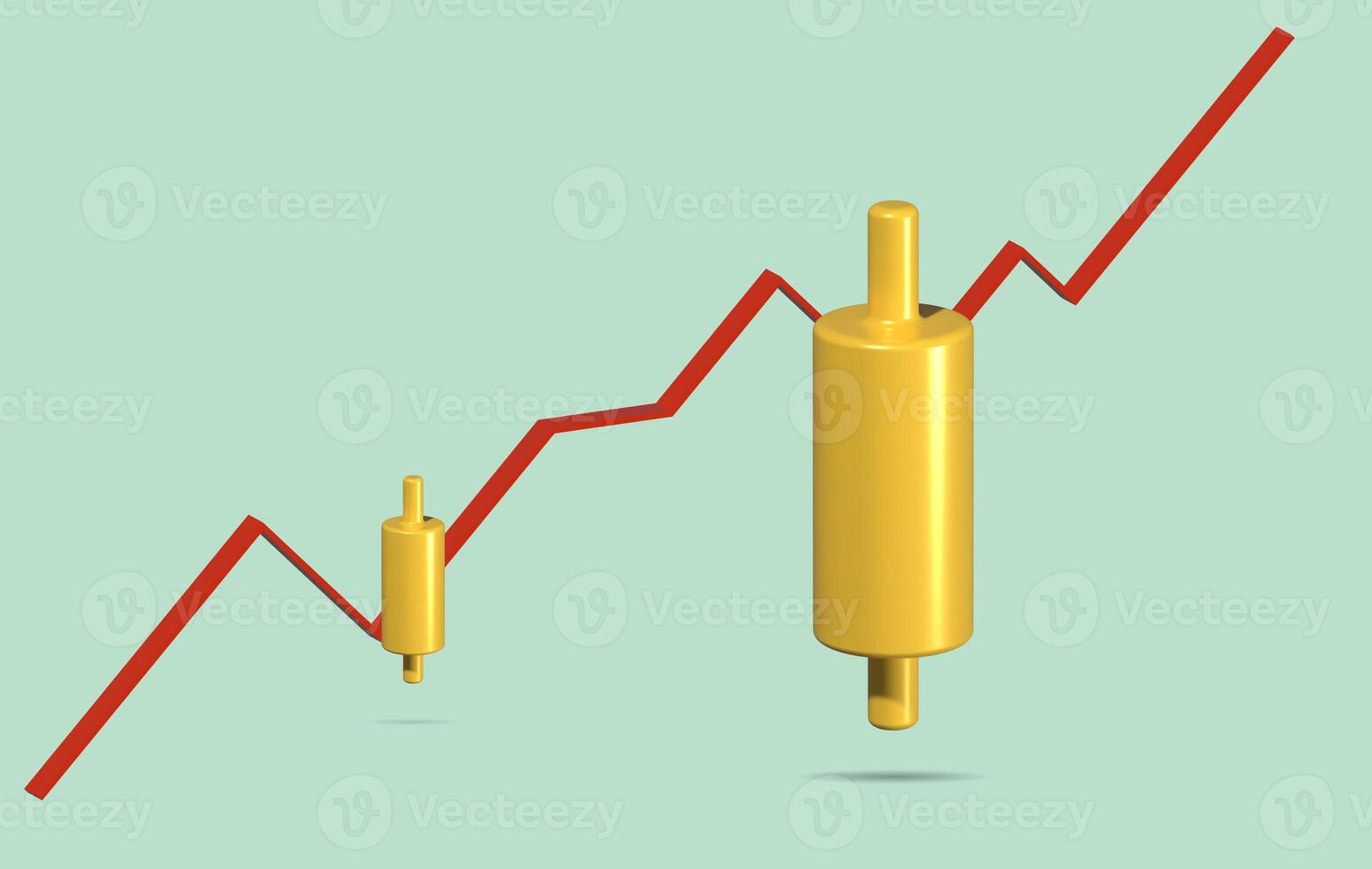 Visualization of charts in the form of yellow volumetric candlesticks on a green background. Minimalistic style, symbols of finance, data and analytics. 3D rendering illustration photo