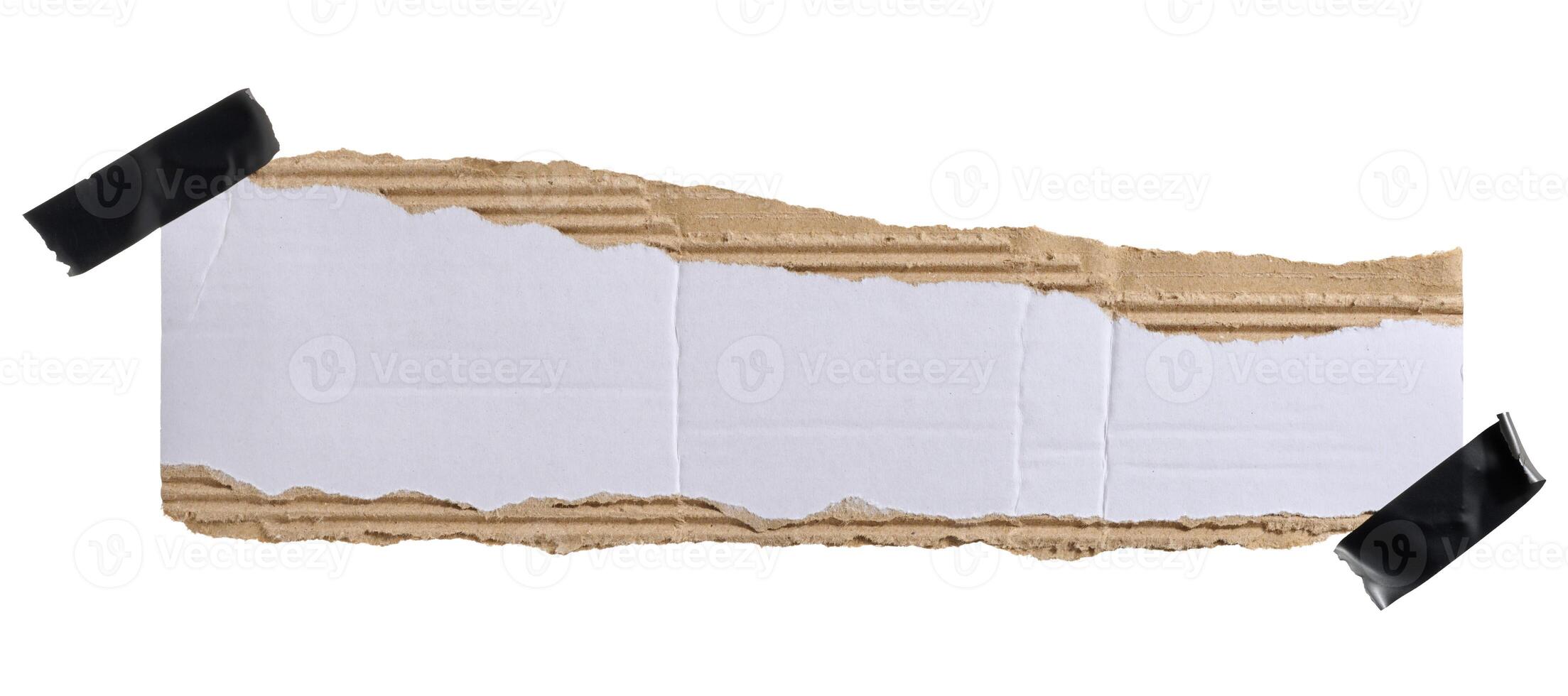 Torn piece of white corrugated cardboard attached to black piece of electrical tape, isolated background photo