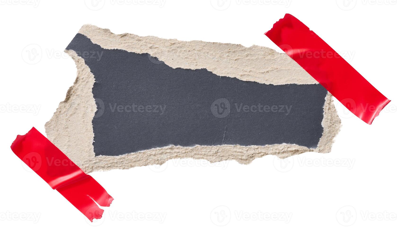 Torn piece of black cardboard attached to red piece of electrical tape, isolated background photo