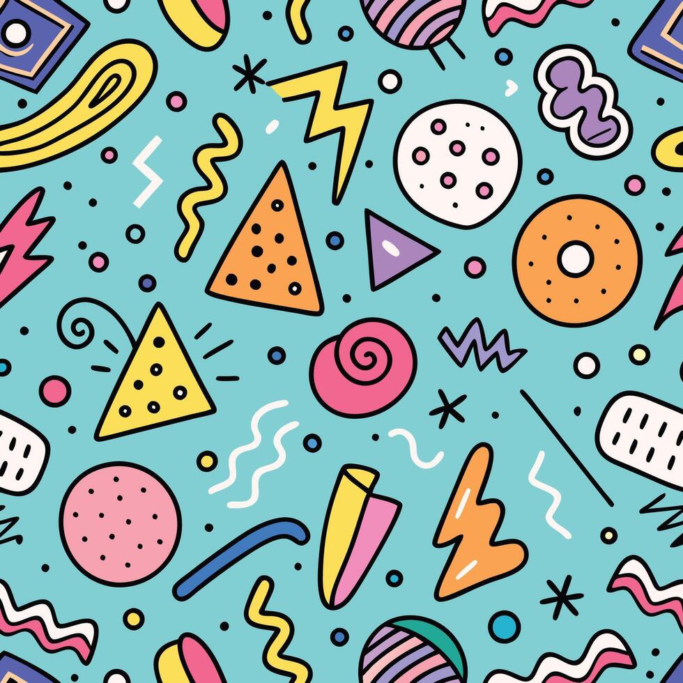seamless pattern with colorful retro style icons and shapes on a white background vector