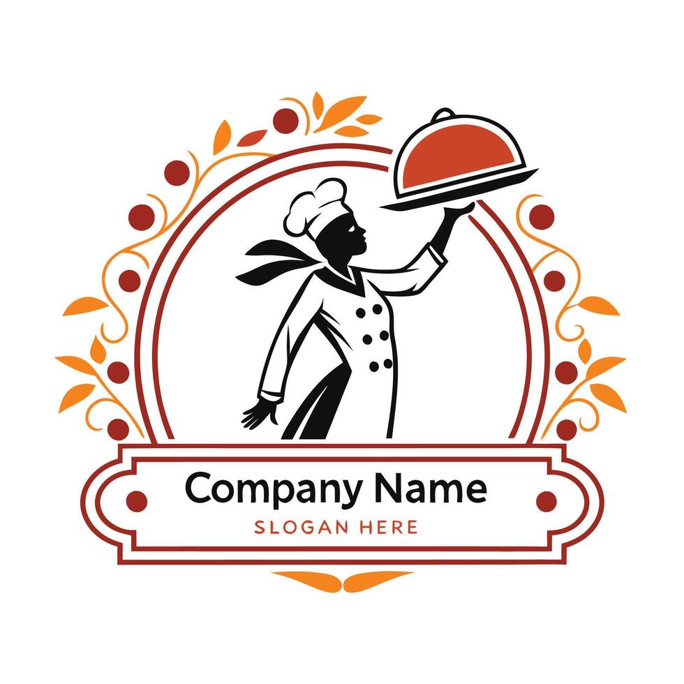a chef holding a tray with a logo design on a white background vector