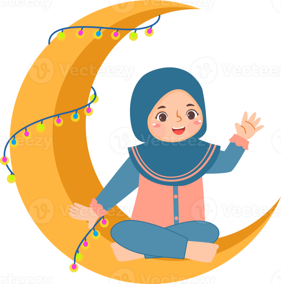 A cartoon girl sitting on the moon with a christmas tree png