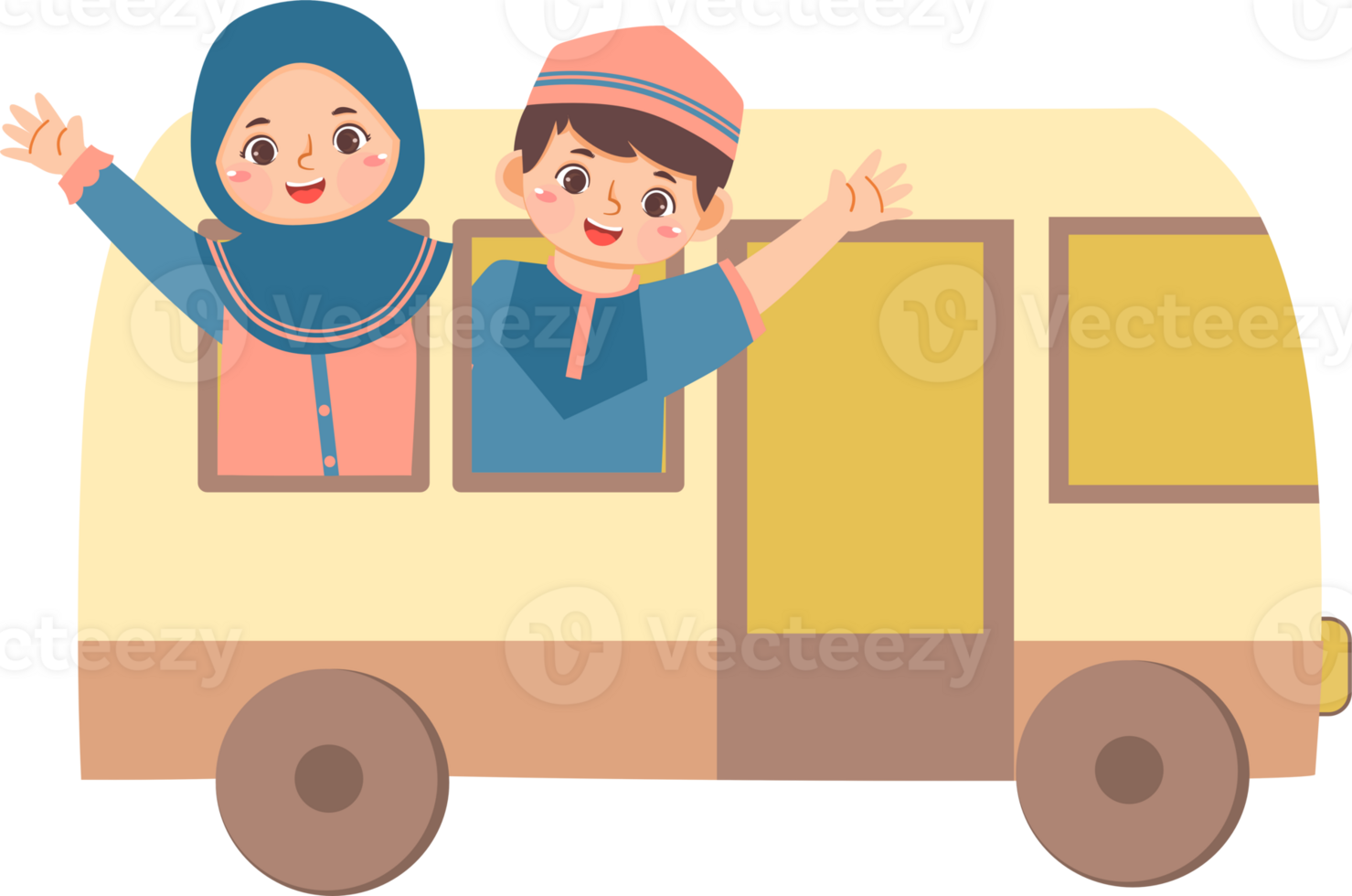 Two children waving from the back of a bus png