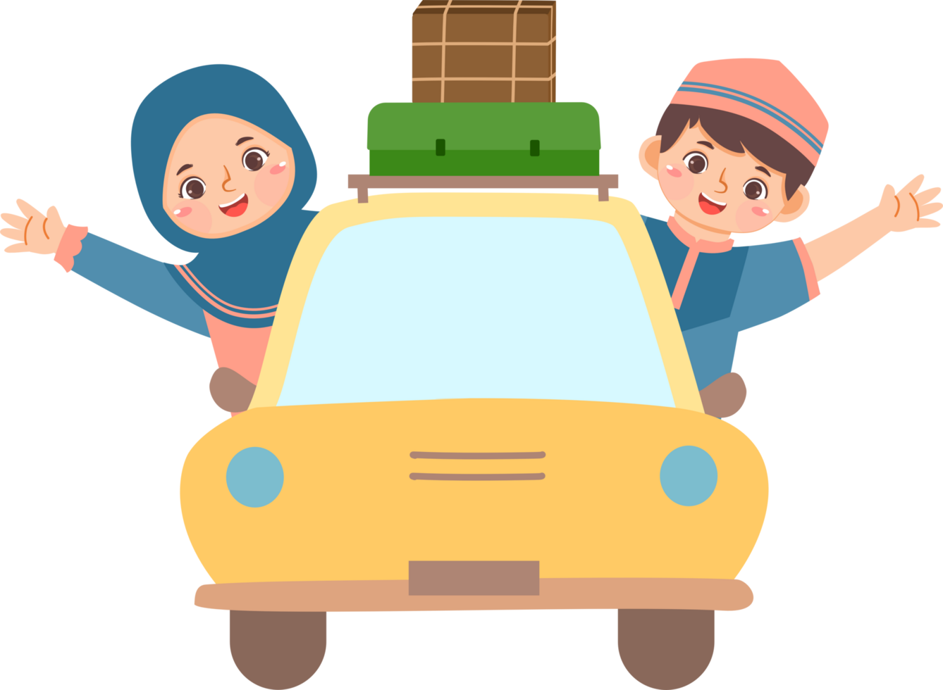 Two children in a car with luggage on top png