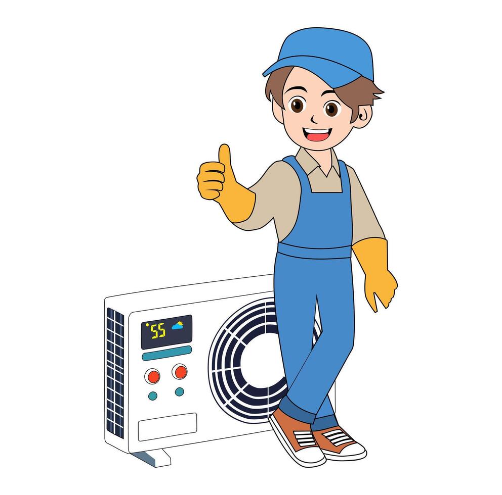 Cartoon Man Technician Finish Fix Air Condition vector