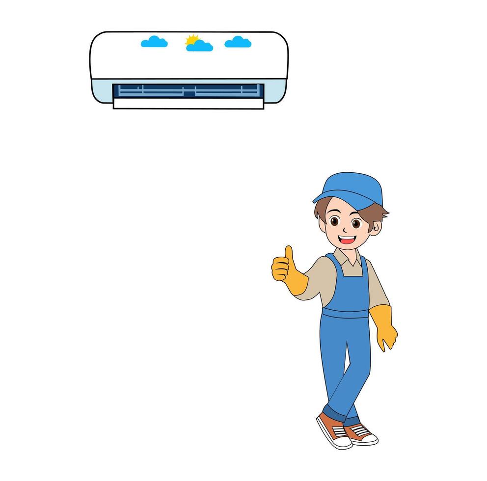Cartoon Man Technician Finish Fix Air Condition Vectors Illustration