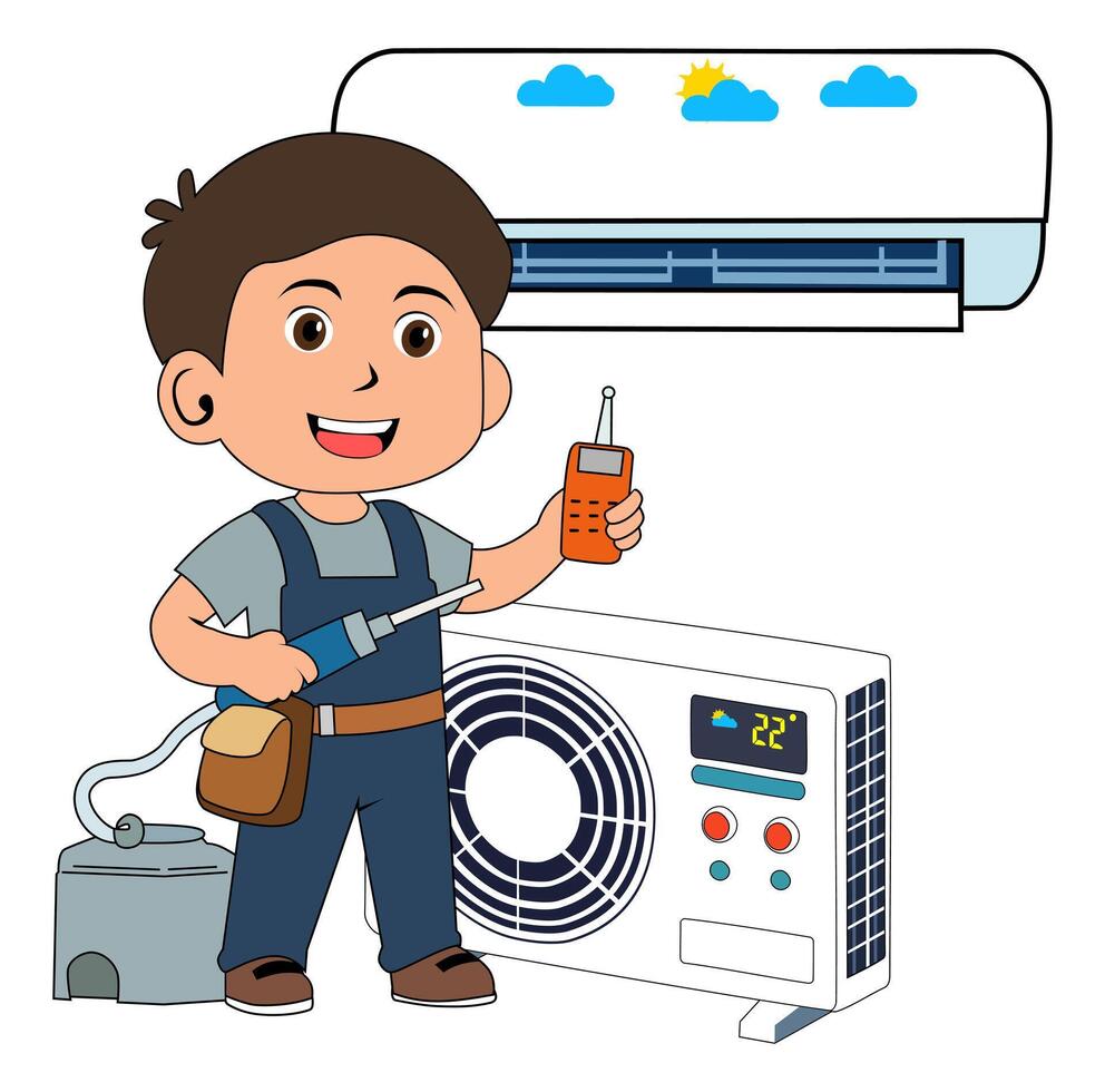 Cartoon Man Technician Checking Air Condition For Fix Vectors Illustration