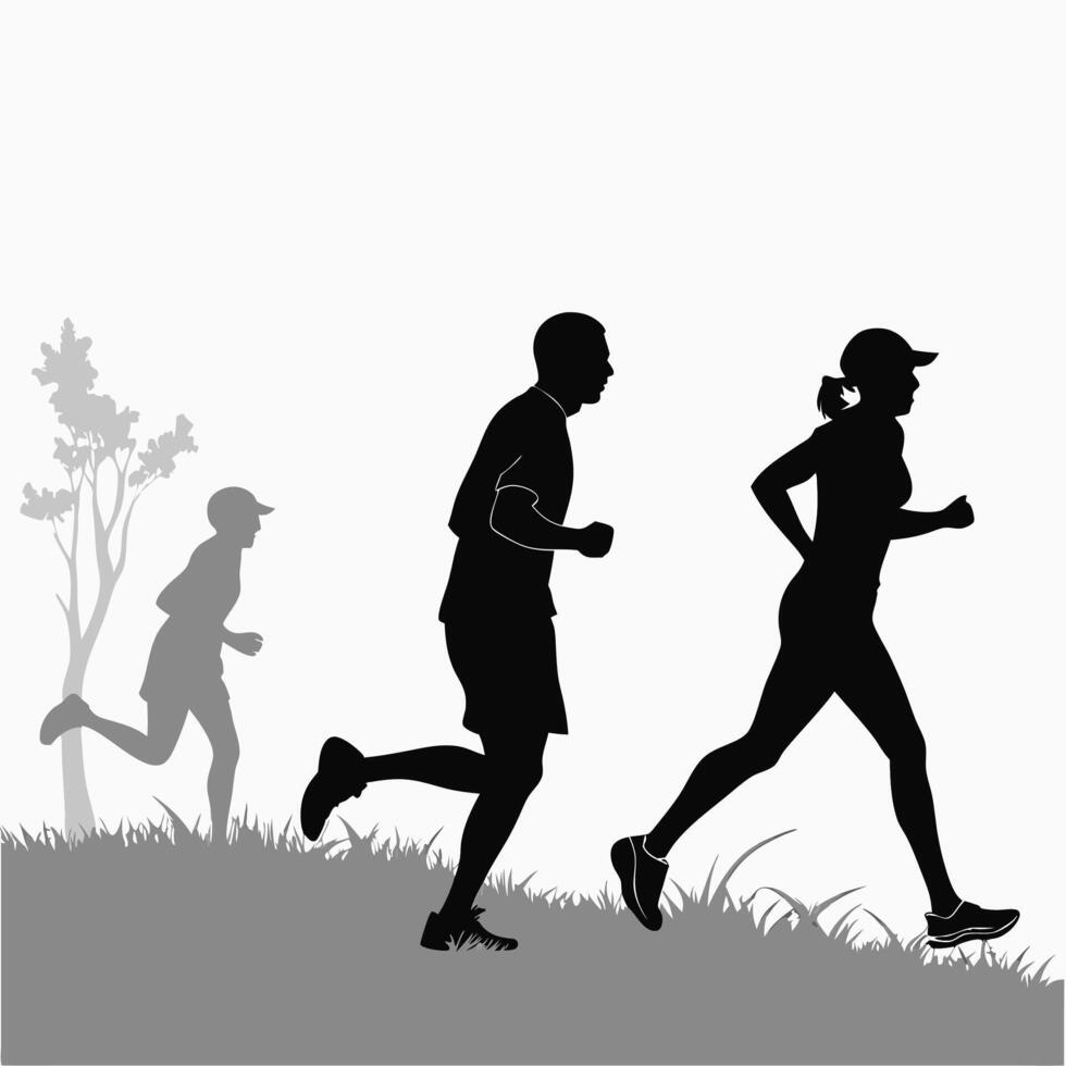 silhouette of a man and woman running in the park on a white background vector