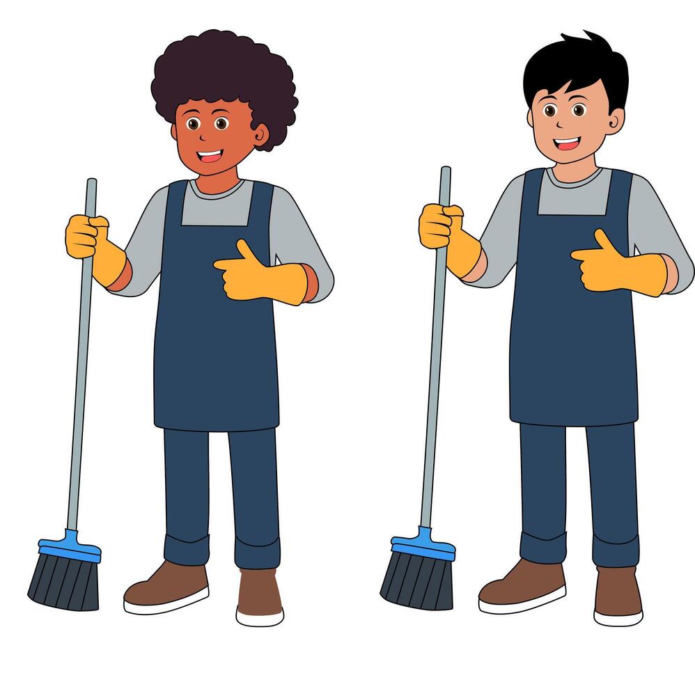 Cartoon Man Asia And Africe Cleaning Service Vectors Illustration