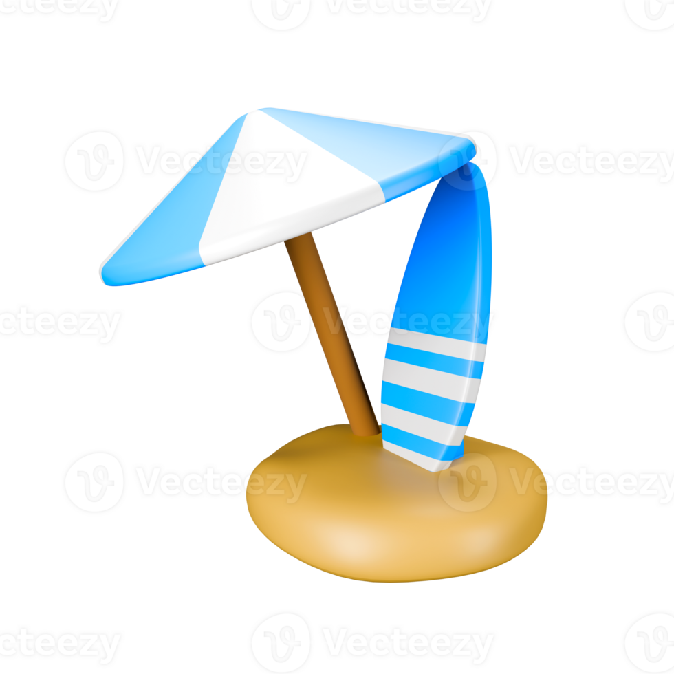 a 3d illustration of blue beach umbrella and blue surfing board png