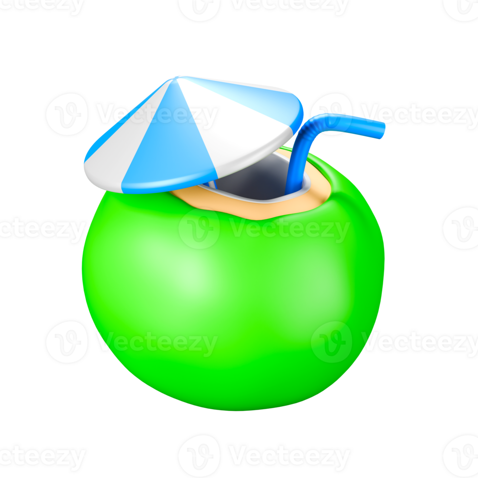 a 3d icon render of fresh green coconut with straw in beach holiday png