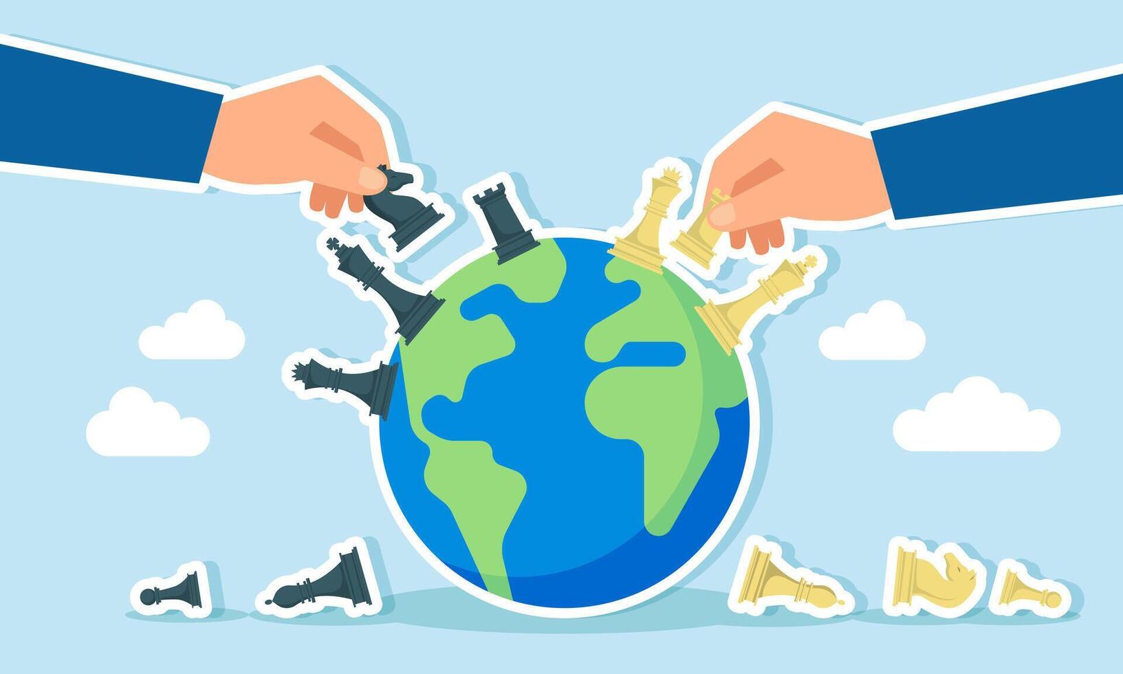 Two hands playing chess on top of the Earth, illustration of business game and business competition vector