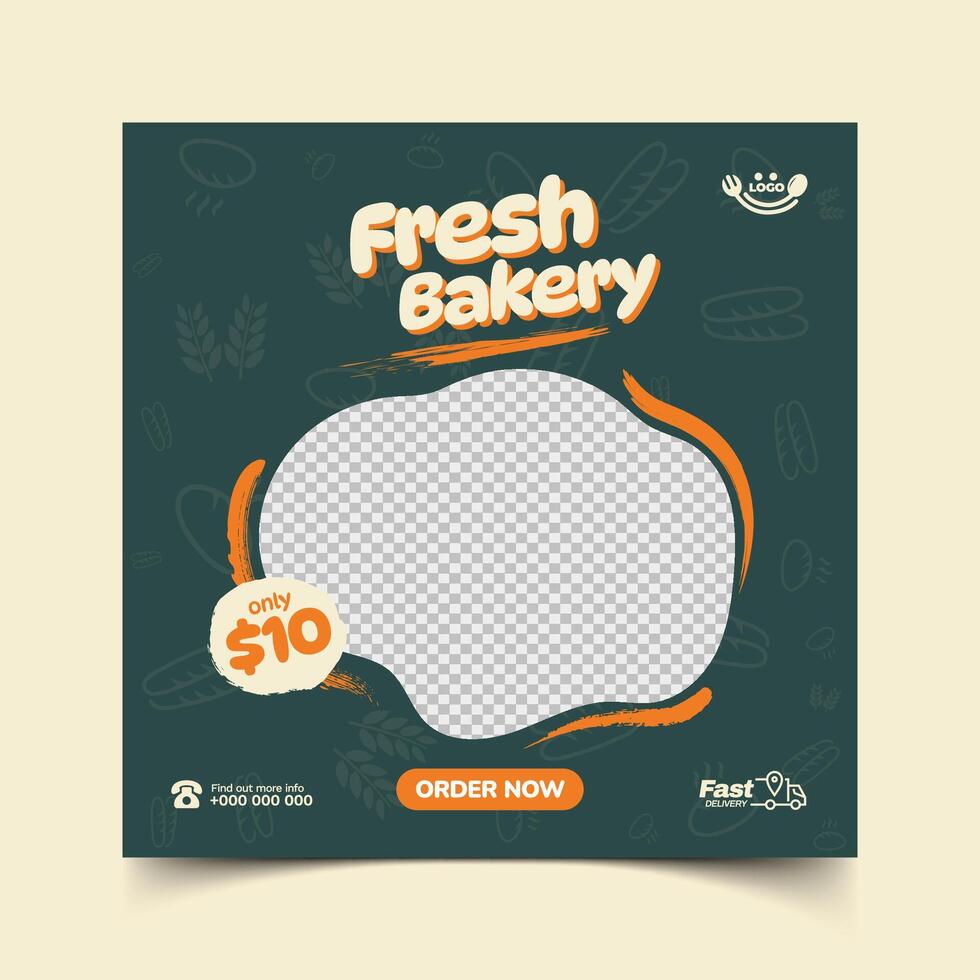 Fresh Bakery Social Media Post Template Design with Green Background vector