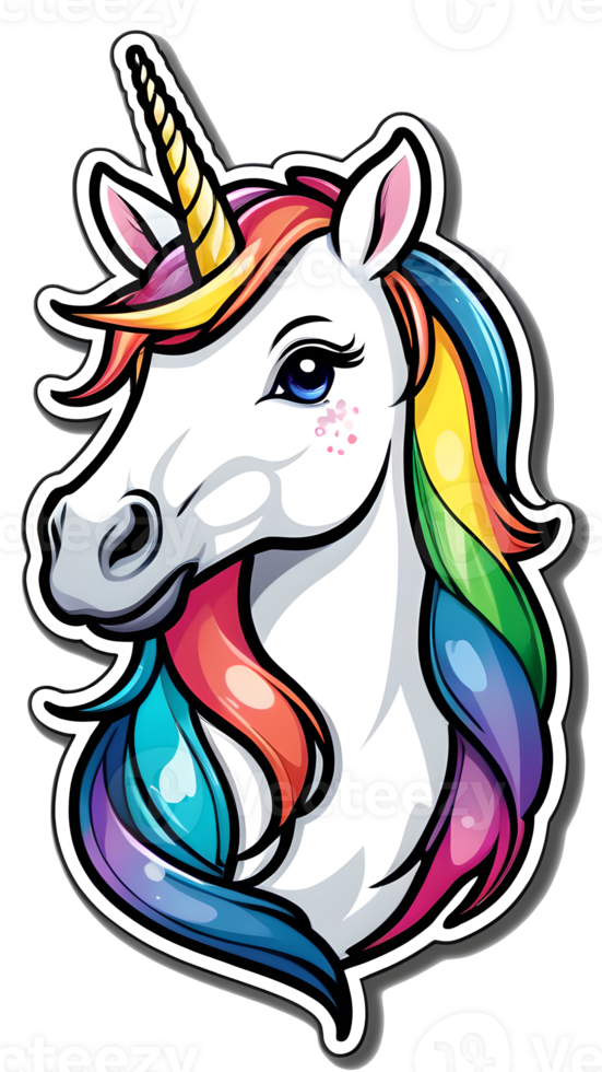 A sticker of a unicorn with rainbow hair png