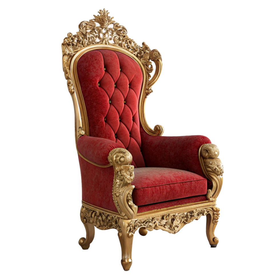 red and gold 3d baroque throne chair from front view is isolated on transparent background png