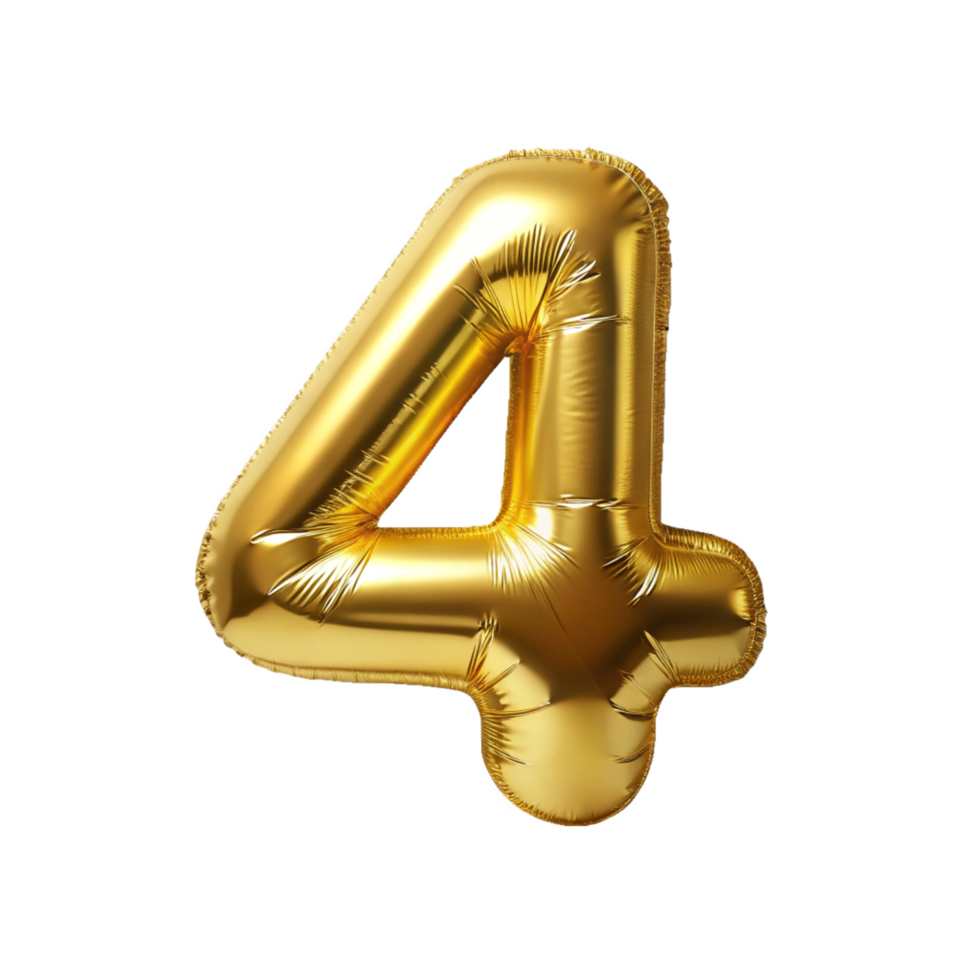 golden balloon in the shape of number four is isolated on transparent background png