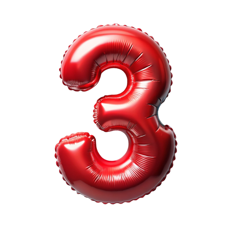 3d red balloon in the shape of number three is isolated on transparent background png