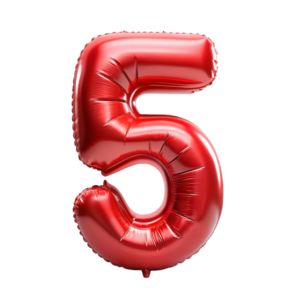 3d red balloon in the shape of number five is isolated on transparent background png