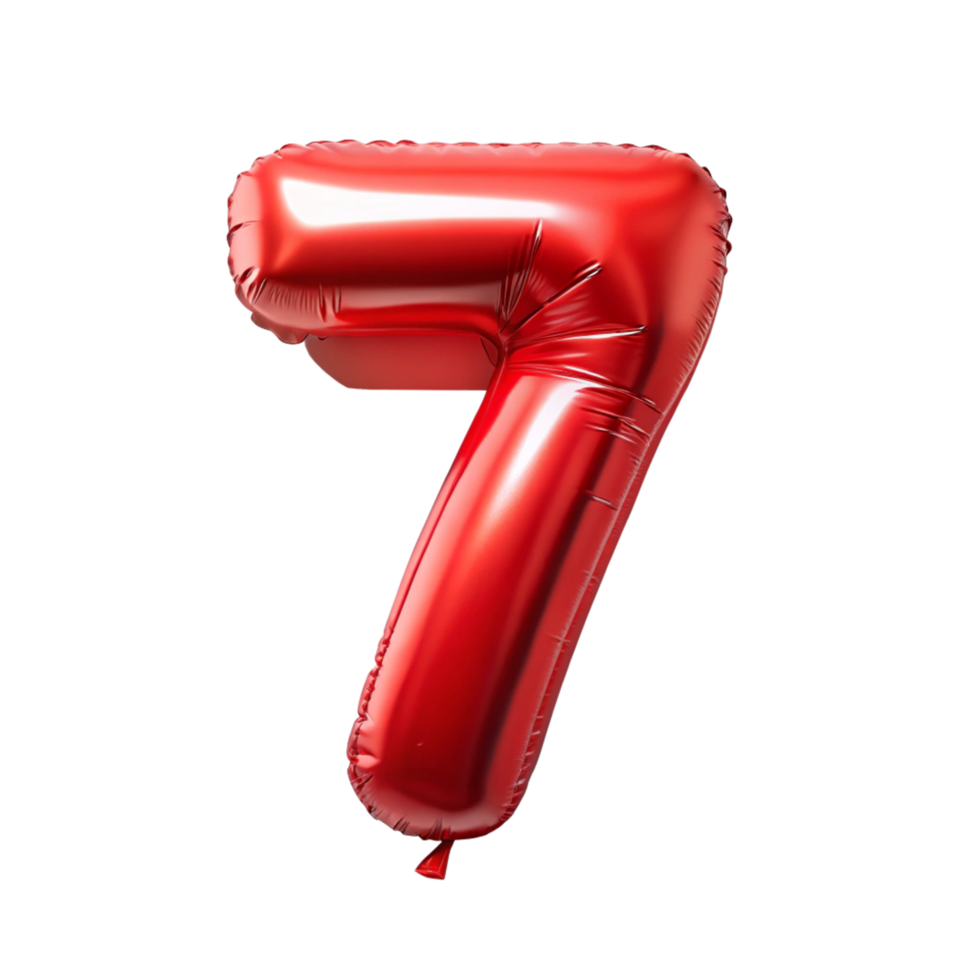 3d red balloon in the shape of number seven is isolated on transparent background png