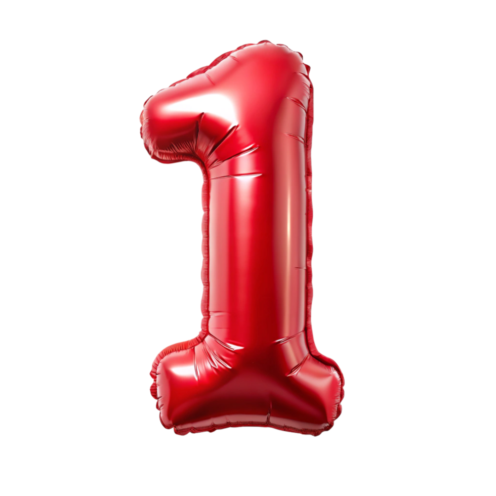 3d red balloon in the shape of number one is isolated on transparent background png