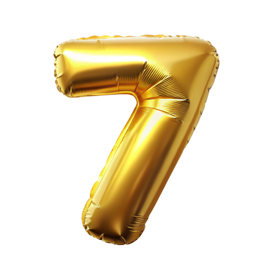 3d golden balloon in the shape of number seven is isolated on transparent background png