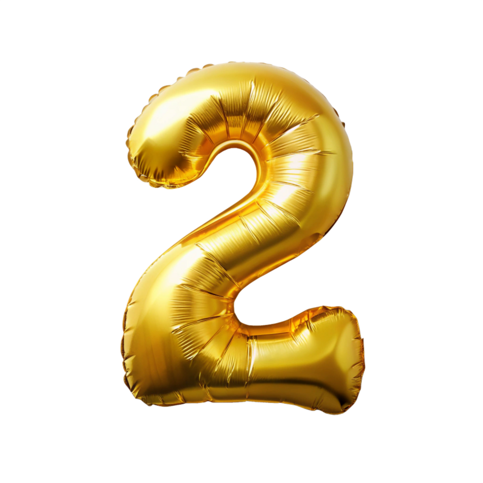 3d golden balloon in the shape of number two is isolated on transparent background png