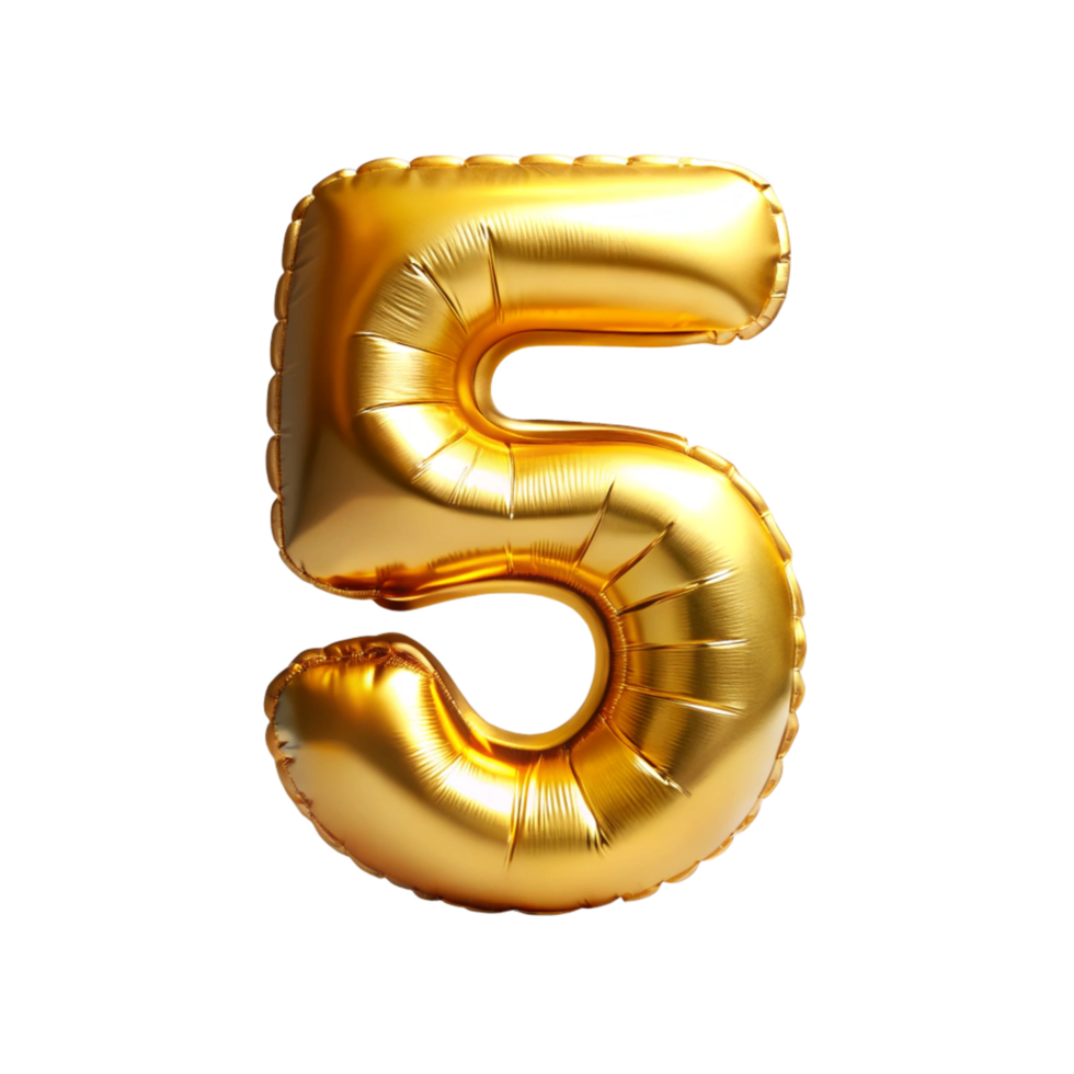3d golden balloon in the shape of number five is isolated on transparent background png