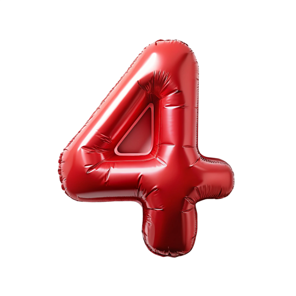 3d red balloon in the shape of number four is isolated on transparent background png