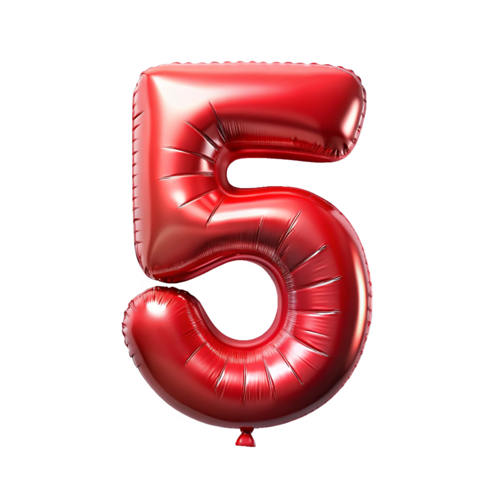 red balloon in the shape of number five is isolated on transparent background png