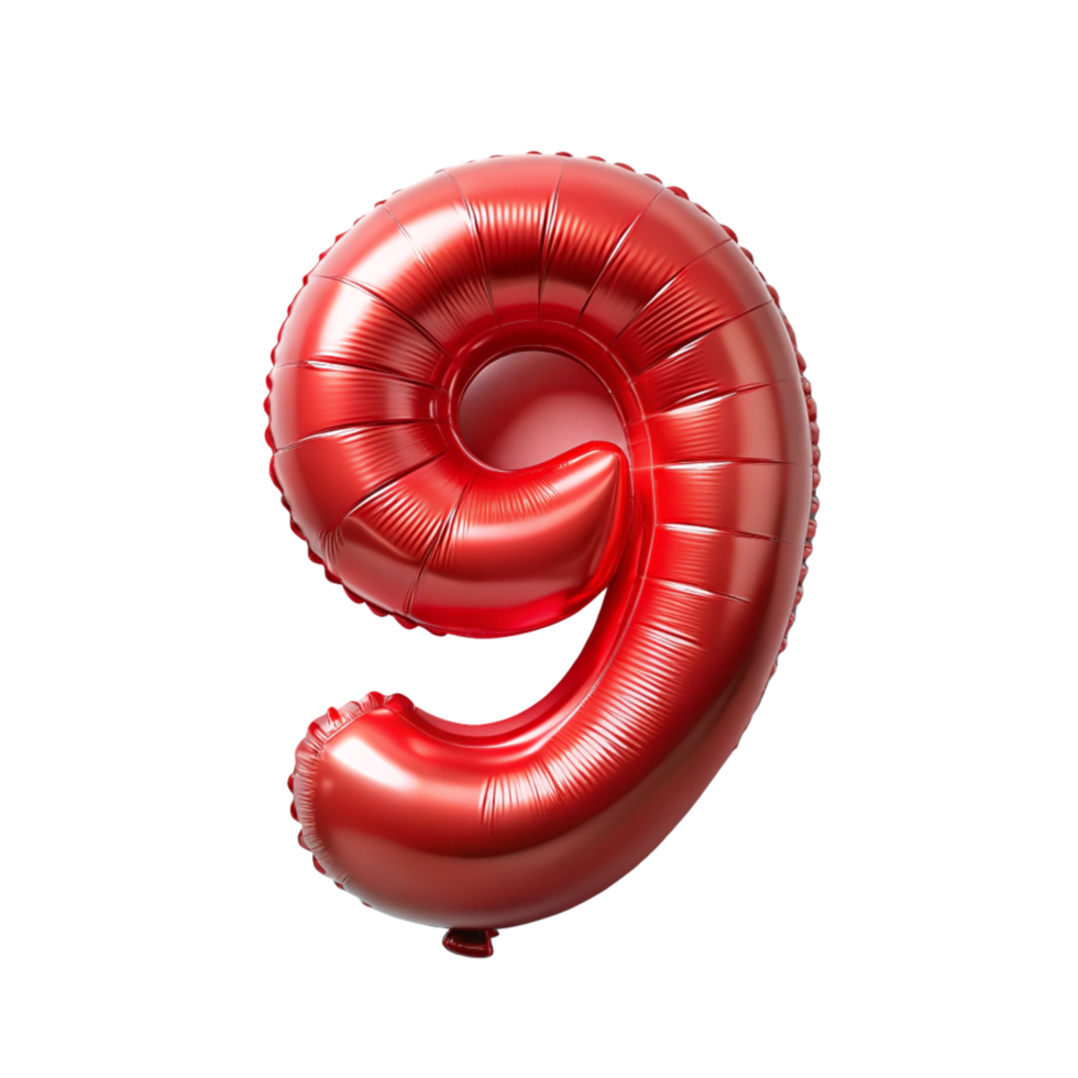 3d red balloon in the shape of number nine is isolated on transparent background png