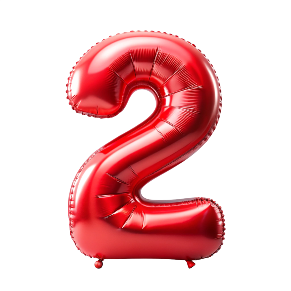 3d red balloon in the shape of number two is isolated on transparent background png