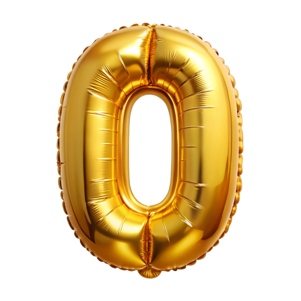3d golden balloon in the shape of number zero is isolated on transparent background png