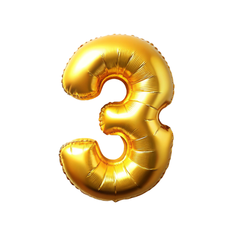 3d golden balloon in the shape of number three is isolated on transparent background png