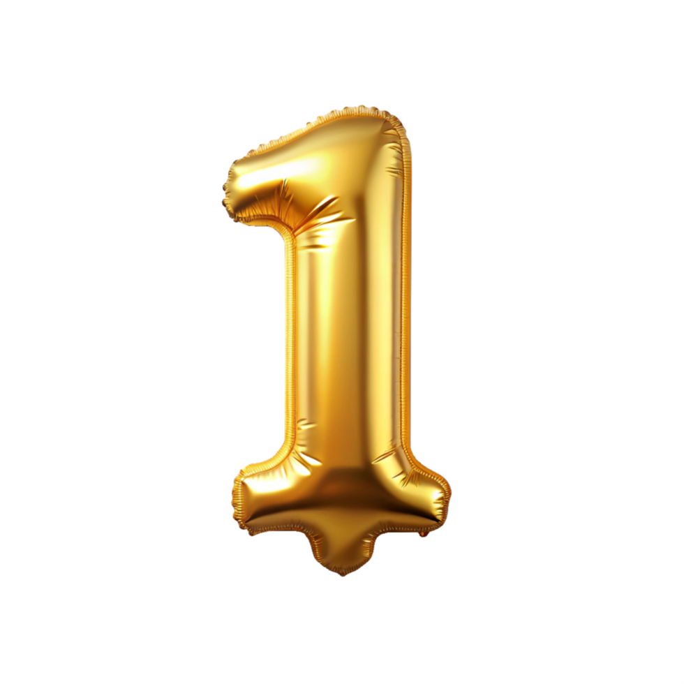 3d golden balloon in the shape of number one is isolated on transparent background png