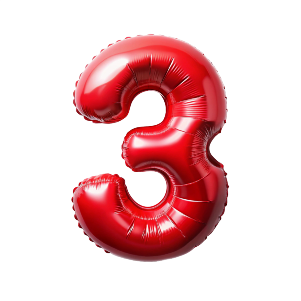 red balloon in the shape of number three is isolated on transparent background png