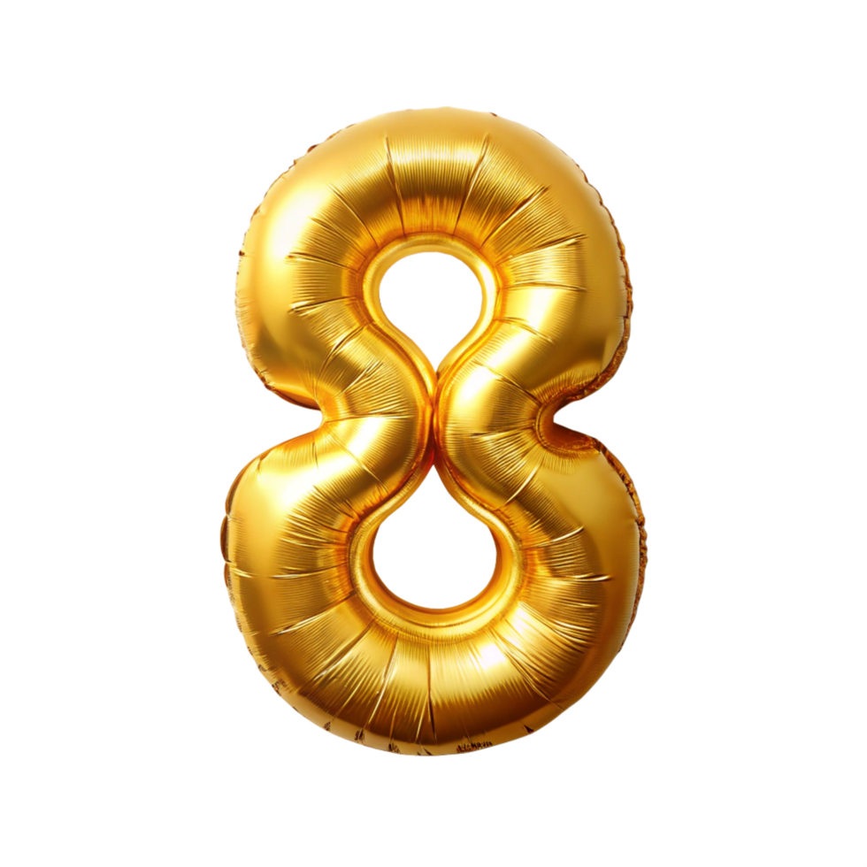 3d golden balloon in the shape of number eight is isolated on transparent background png